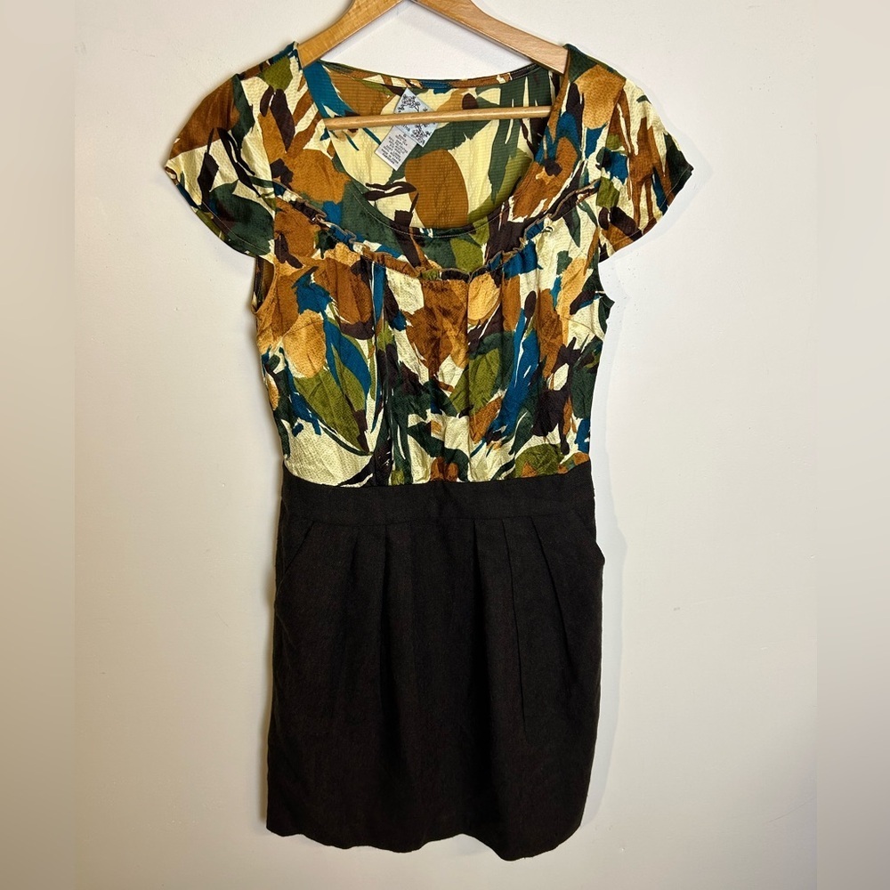 VTG Tabitha Multicolor Leaf Mini Dress Size 6 Top 100% Silk Bottom Wool Blend